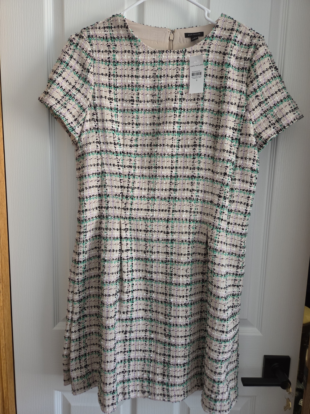 Cream Tweed Short-Sleeve Dress with Green & Black Check